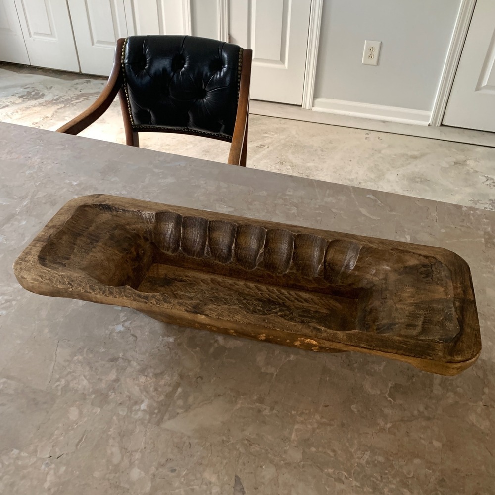 Rustic Hand Carved Wooden Dough Bowl Farmhouse Scalloped Centerpiece 23 Inch